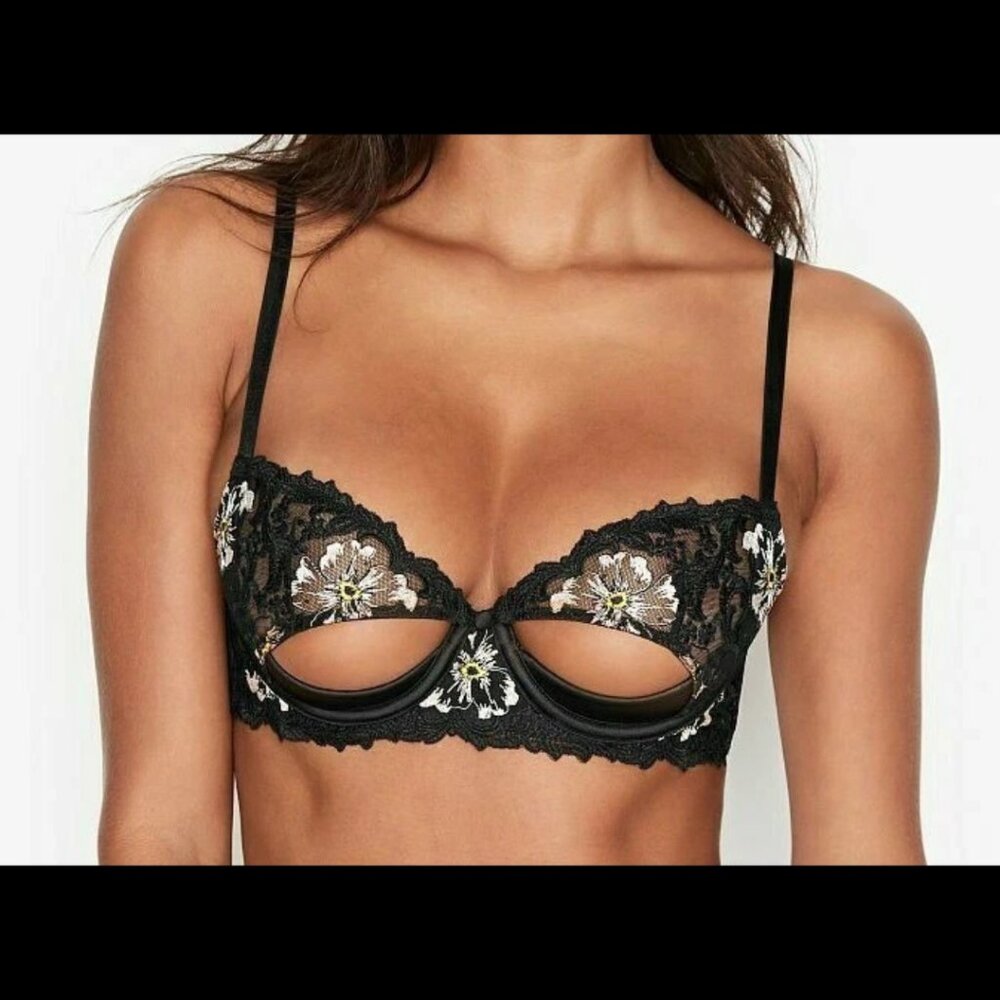 VICTORIA'S SECRET LUXE UNLINED FLORAL EMBROIDERED CUT-OUT DEMI BRA 34D